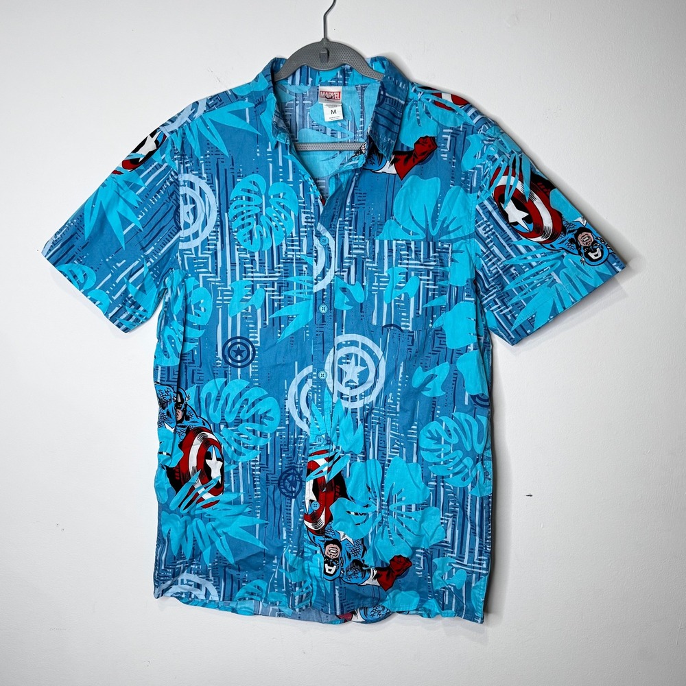 Marvel Captain America Mens Blue Tropical Aloha Button Down Shirt Size M Cotton